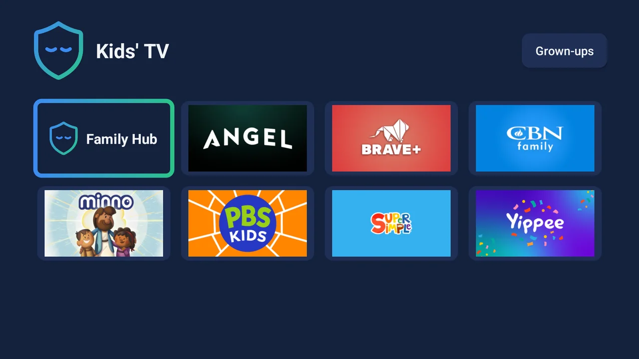 Kinwell's kids' home screen: the Kinwell shield beside the title Kids' TV, a Family Hub tile, and tiles for Angel, Brave+, CBN Family, Minno, PBS Kids, Super Simple and Yippee