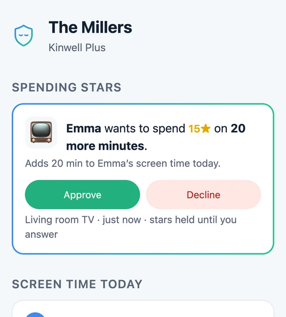 The Kinwell parent app on a phone: Emma wants to spend 15 stars on 20 more minutes, with Approve and Decline buttons
