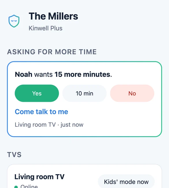The Kinwell parent app on a phone: Noah wants 15 more minutes, with Yes, 10 min and No buttons
