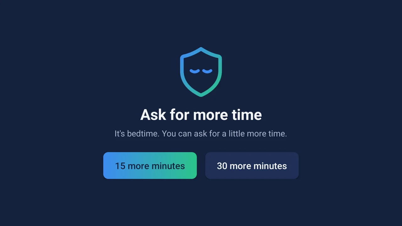 The Kinwell TV screen at bedtime: Ask for more time, with buttons for 15 or 30 more minutes