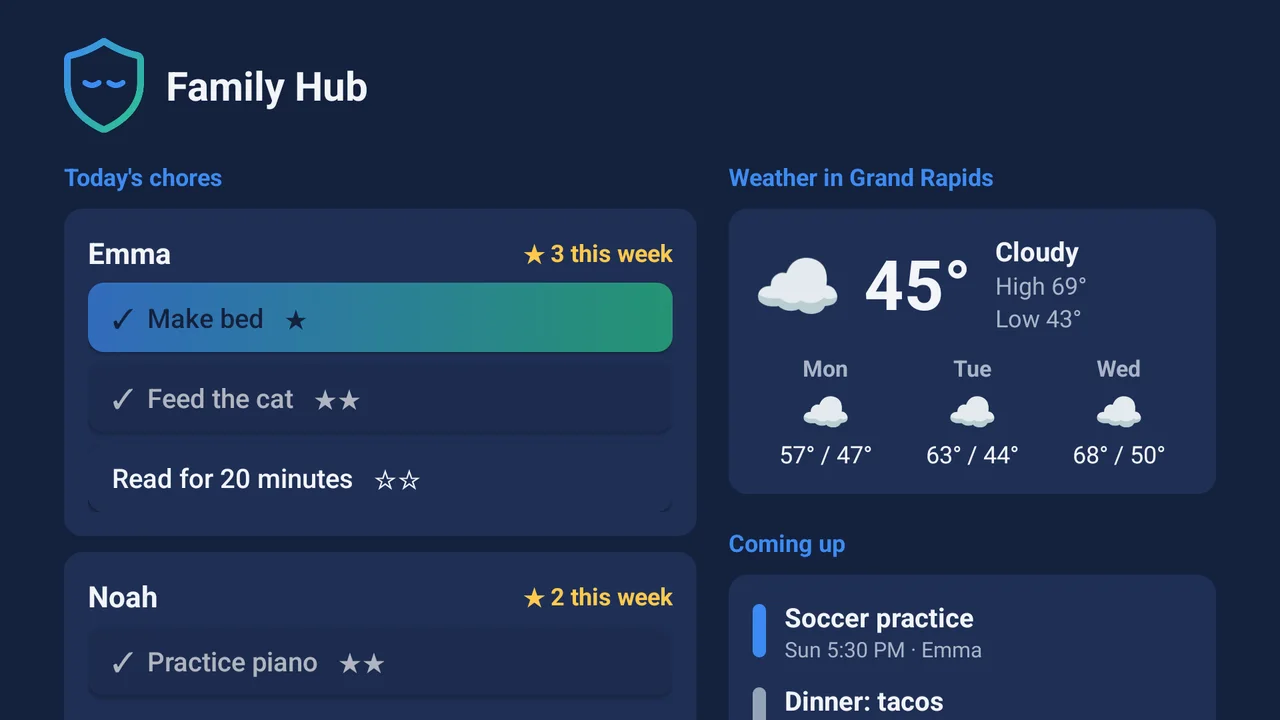 The Family Hub on the TV: today's chores for Emma and Noah with stars earned, the weather in Grand Rapids, and upcoming events